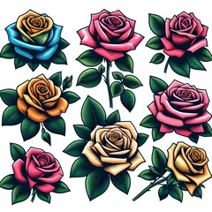 Colorful Rose Illustrations in Various Styles on White Background