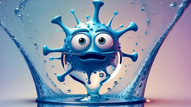Funny 3D cartoon virus character trapped in transparent water splash animation