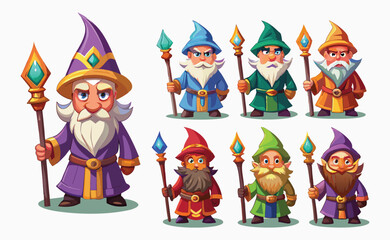 Fototapeta premium Magician Cartoon Character Set – Purple Green Wizard with Staff – Fairy Tale Fantasy Game Illustration
