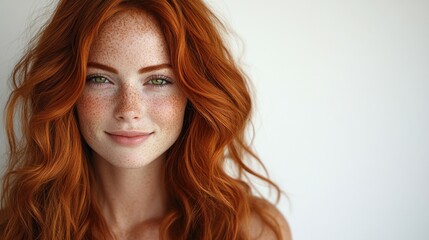 Naklejka premium A young woman with vibrant red hair and freckles exudes joy and confidence indoors