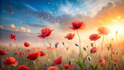 Fototapeta premium Serene Sunset Poppy Field Delicate Petals, Golden Hour Light, and Gently Falling Seeds