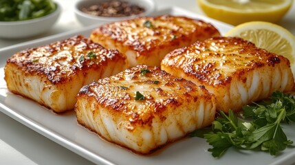 Delicious baked cod fillets are served hot, garnished with fresh herbs and lemon slices