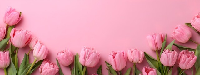 Pink tulips border frame on a pink background with copy space for text, a banner design. Floral