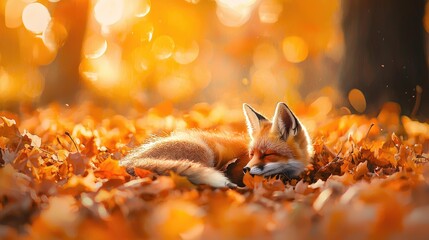 Sleepy fox resting amongst autumn leaves.