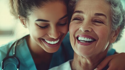 Happy, care and face of a doctor with a woman for medical trust, healthcare and help. Laughing, hug and portrait of a young nurse with a senior patient and love during a consultation at a clinic