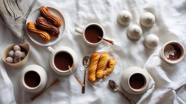 Spanish breakfast pastries known neules crispy rolled wafers served with hot chocolate festive Catalonian treat captured in top down view on white linen covered table