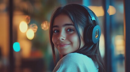 Smiling hispanic teen girl school student wear headphones looking at webcam distance learning. Zoom video call remote class, online lessons and courses concept. Headshot portrait. Webcamera view.