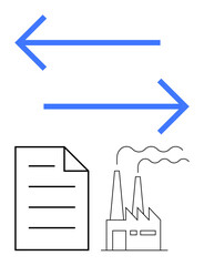 Two arrows indicating data flow between a document and a factory building with chimneys. Ideal for data exchange, logistics, manufacturing, industrial processes, communication, document management