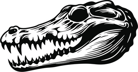 Fierce Crocodile Skull Silhouette Illustration, Dark silhouette of a crocodile skull with sharp teeth and bold textures, ideal for tattoo art, logos, and graphic designs.