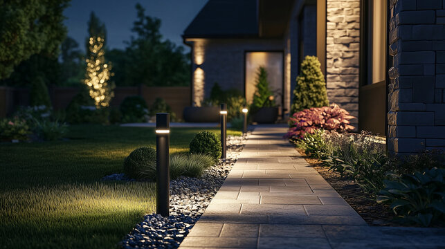Stylish landscape lighting in front yard of modern house using energy-efficient solar bollards