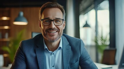 Happy caucasian businessman in glasses talking to camera at work by video call conference. Financial advisor executive consulting client remotely online in modern office looking at camera. Webcam vie