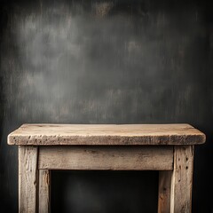 Rustic wooden table against a dark, textured backdrop. Ideal for product display or moody still life