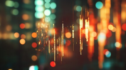 Abstract glowing big data forex candlestick chart on blurry city backdrop. Trade, technology, investment and analysis concept. Double exposure