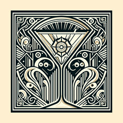 Art deco cocktail glass design with intricate patterns and elegant elements on a light background