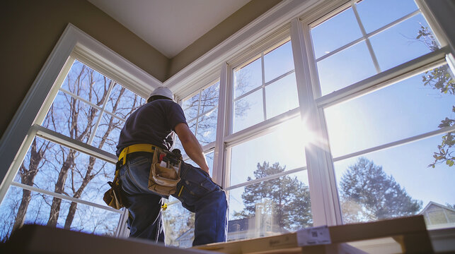 Window installer working on large sunlit window in modern home interior during renovation