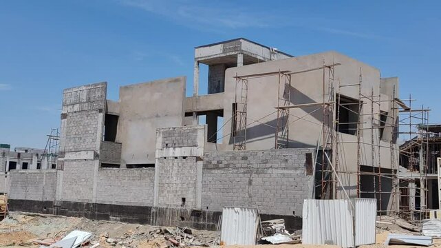 Under Construction House Or Villa's,villa's With Concreate Block Or Bricks.
Exterior View Of 02 Story Under Construction House With Modern Design.
In Complete Villa's, Home Or House full Structure