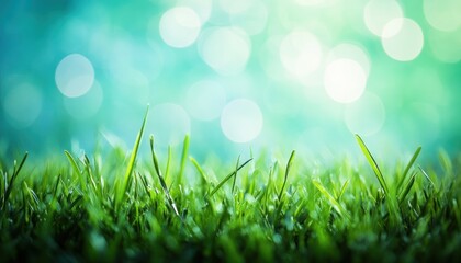 Obraz premium Green Grass with Bokeh: A serene view of fresh green grass beneath a bright blue sky, with soft bokeh circles gently blurring the background.