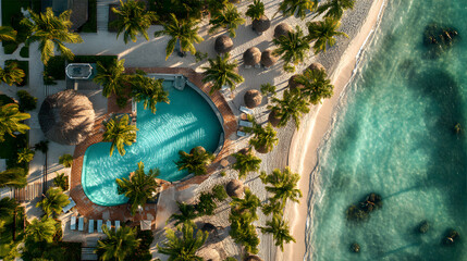 Luxury Beach Resort Aerial View Turquoise Waters Palm Trees Pool