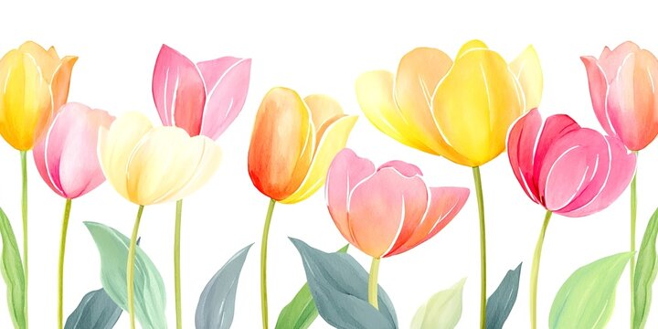 Watercolor spring tulips border banner, pastel colors, simple, low details, cute, white background,