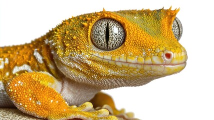 A lively crested gecko relaxes on a rock, displaying its colorful skin and curious gaze