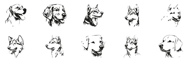 Naklejka premium Dog Breed Head Sketches Silhouette Set. Artistic Canine Portraits For Design And Decoration. Isolated Vector Illustration Collection