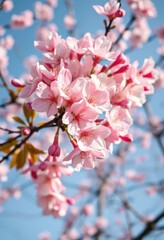 Fototapeta premium Full bloom sakura tree, delicate pink and white petals against a clear sky, nature, soft, serene