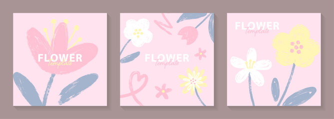 ラフなタッチのパステルカラーの花のイラストテンプレート2