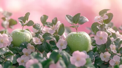 Two vibrant green apples surrounded by blooming cherry blossoms under soft sunlight