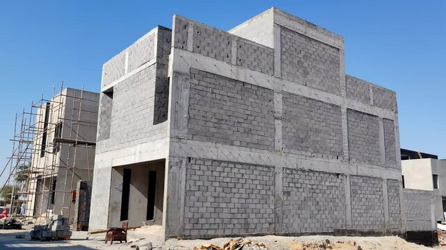 Under Construction House Or Villa's,villa's With Concreate Block Or Bricks.
Exterior View Of 02 Story Under Construction House With Modern Design.
In Complete Villa's, Home Or House full Structure