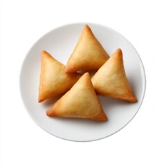 Four samosas on a plate isolated on white background