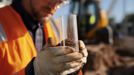Engineer evaluating soil samples for construction suitability. Featuring geotechnical analysis and safety