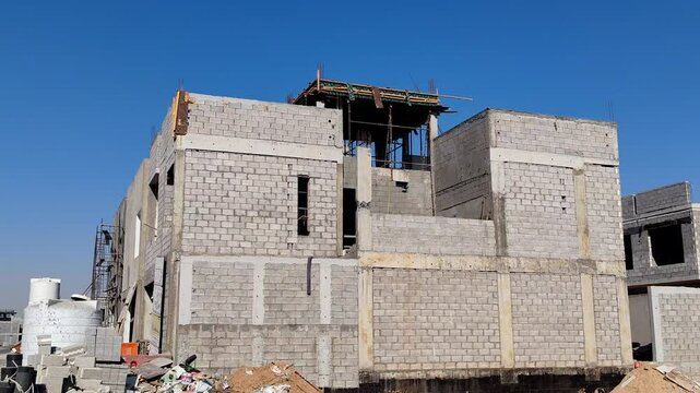 Under Construction House Or Villa's,villa's With Concreate Block Or Bricks.
Exterior View Of 02 Story Under Construction House With Modern Design.
In Complete Villa's, Home Or House full Structure