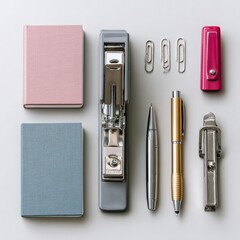 Flat lay office supplies stationery notebooks pens stapler clips for workspace organization