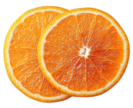 Orange slice isolated top view. Orang round slices flat lay on white background. High angle view. Full depth of field.