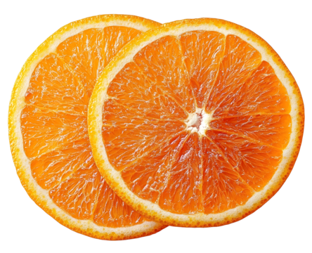 Orange slice isolated top view. Orang round slices flat lay on white background. High angle view. Full depth of field.
