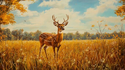Obraz premium Autumnal deer standing in a golden field.