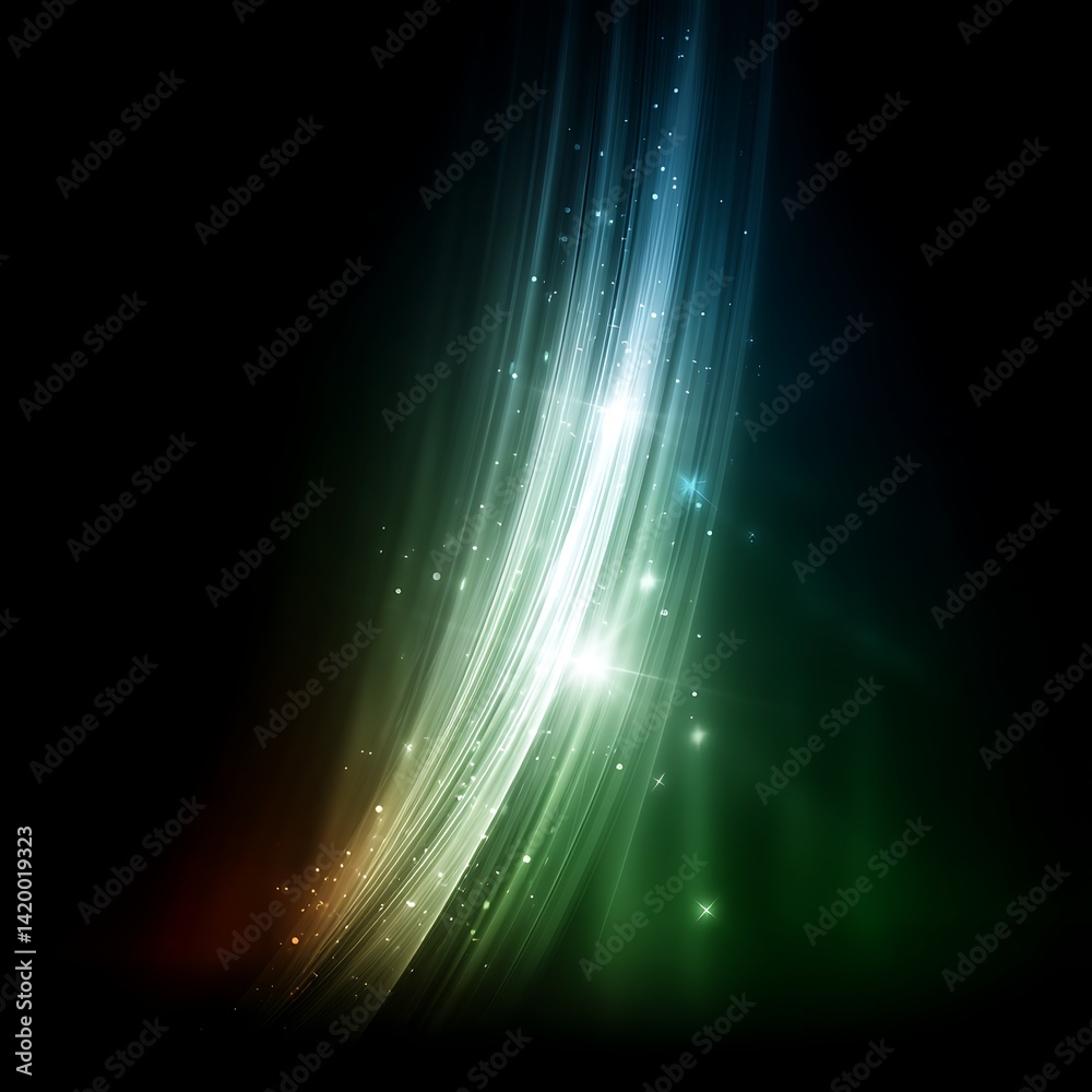 Poster cascading luminous streams of light on dark backdrop abstract design 90characters