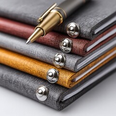 Stack of leather notebooks with pen for business meeting or personal journal writing notes