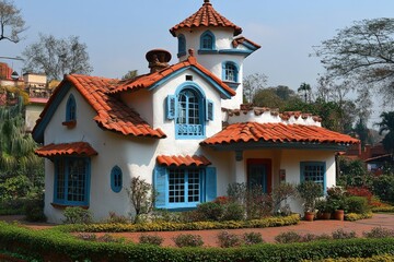 Naklejka premium Whimsical cottage with orange roof and blue shutters surrounded by greenery.
