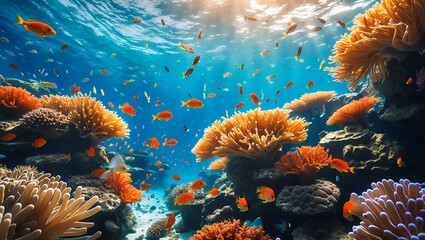 Obraz premium Exploring Underwater Coral Reef Ecosystem with Abundant Fish and Sunlight