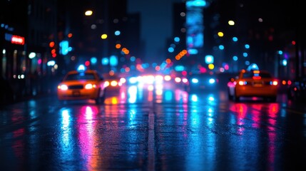 Obraz premium Neon lights reflect on wet asphalt as taxis navigate busy urban streets after rain