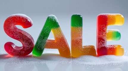 Sweet sale: a detailed photograph of the word "SALE" made from multicolored gummy letters sprinkled with sugar on a light background.