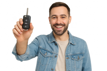 Happy Man Holding Car Key with a Smile in Casual Style