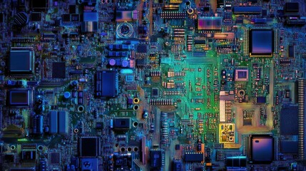 A detailed view of a complex circuit boards components