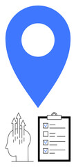 Blue location pin, head with upward arrows, and a checklist clipboard. Ideal for goals, planning, mindset, productivity, self-improvement, motivation simple landing page