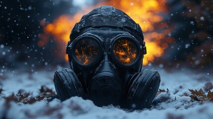 A gas mask lies partially buried in snow, surrounded by fiery colors in the distance