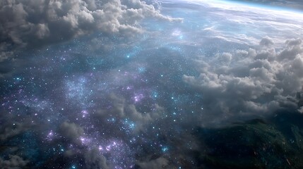 Fototapeta premium Celestial Vista Cloudscape and Stars Above Fantastical Landscape Fantasy Art Scenery View