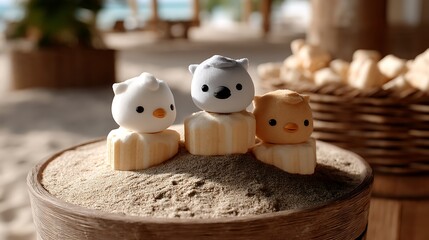 Charming Trio of Bird Figurines on a Sandy Round Platform Displaying Serenity and Simple Beauty.