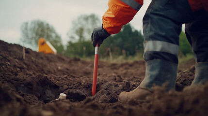 Engineer testing soil stability before excavation. Featuring geotechnical analysis and preparation