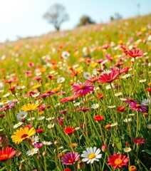 Fototapeta premium A vibrant meadow bursting with wildflowers, sunlit and idyllic, nature, rural, plants